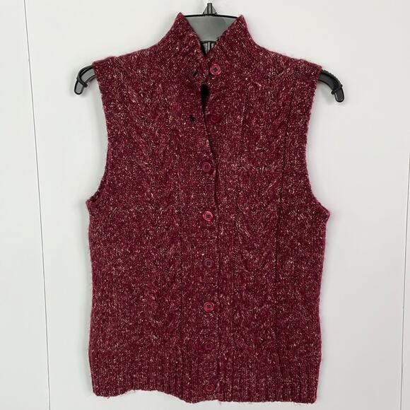 L.L. Bean Wool Blend Knit Maroon Mockneck Button Down Vest Top - Picture 1 of 4